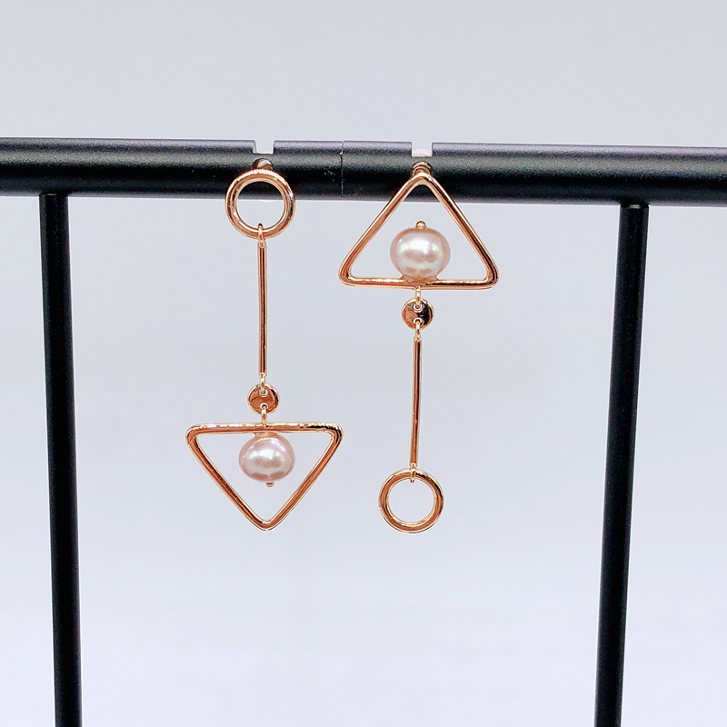 18K金珍珠耳坠长款气质玫瑰金耳环不对称设计三角形圆形显脸小