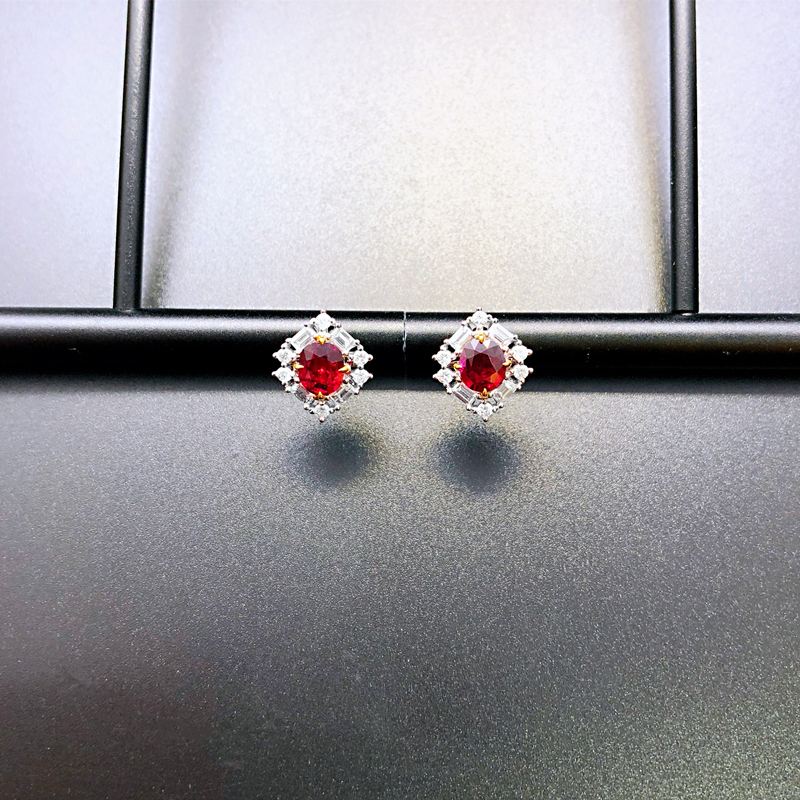 0.48/0.49克拉红宝石耳钉耳环无处理无烧鸽血红钻石18K金镶嵌百搭通勤