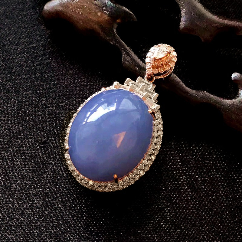 超浓紫蛋 天然翡翠紫翡翠冰种浓紫钻石镶嵌吊坠可定制