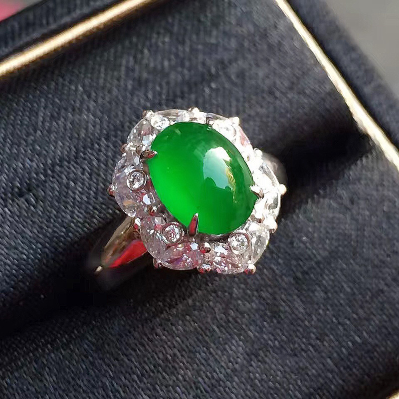 天然翡翠女戒指18K镶嵌戒指蛋面翡翠帝王绿戒指镶嵌专用可定制