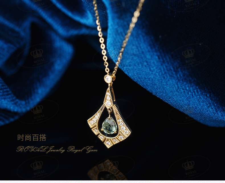 ROYAL JEWELRY绿色蓝宝石项链女款锁骨链绿蓝宝0.473CT钻石0.12CT