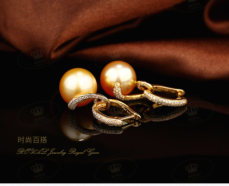ROYAL JEWELRY天然海水南洋金珠耳坠吊坠三用女款浓金正圆强光无暇金珠18K