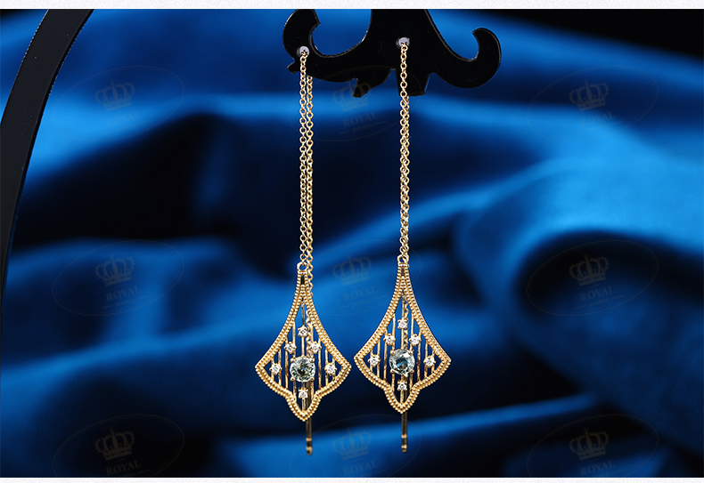 ROYALJEWELRY绿色蓝宝石耳线绿蓝宝0.48CT钻石0.076CT18K金小轻奢