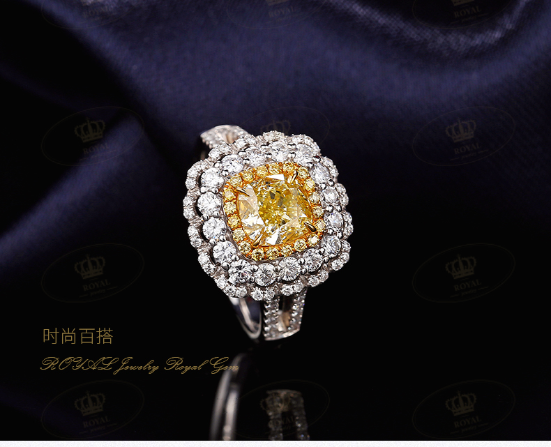 ROYALJEWELRY1.25CT黄钻戒指 FYVVS2 EX VG副钻0.972克拉女款钻戒