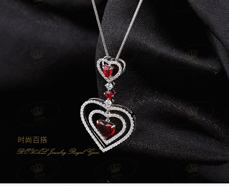 ROYALJEWELRY1.0CT天Ran无烧红宝石项链女钻石0.69CT小红宝0.36CT
