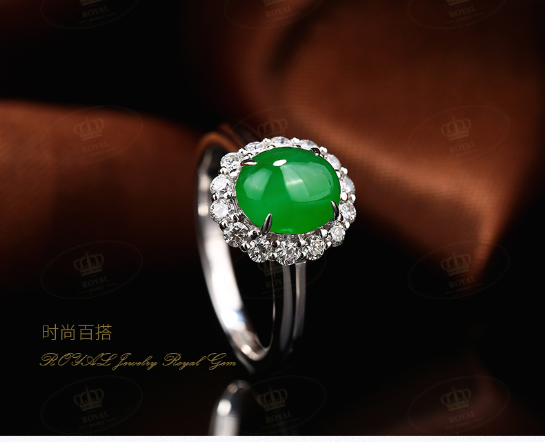 ROYALJEWELRY天Ran缅甸A货翡翠戒指冰满绿种色兼备钻石0.24CTG18K