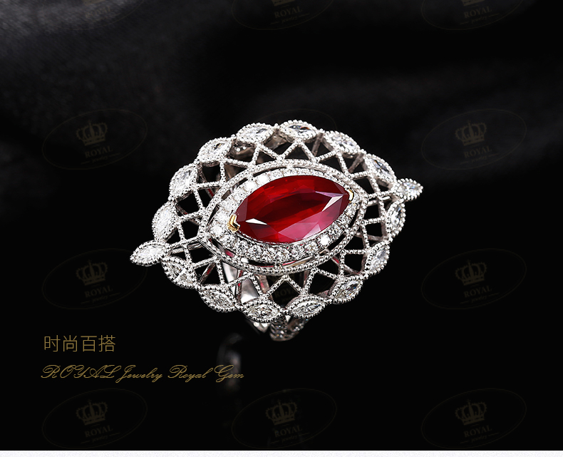 ROYALJEWELRY3.0克拉马眼红宝石蕾丝点珠天然无烧红宝鸽血宝石戒指