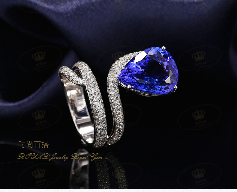 ROYALJEWELRY7.66CT坦桑石钻石戒指女戒个性设计风格惊艳亮相入门收藏