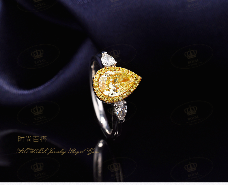 ROYAL JEWELRYFancyYellow中彩黄梨形水滴黄钻女款戒指送女友闺蜜