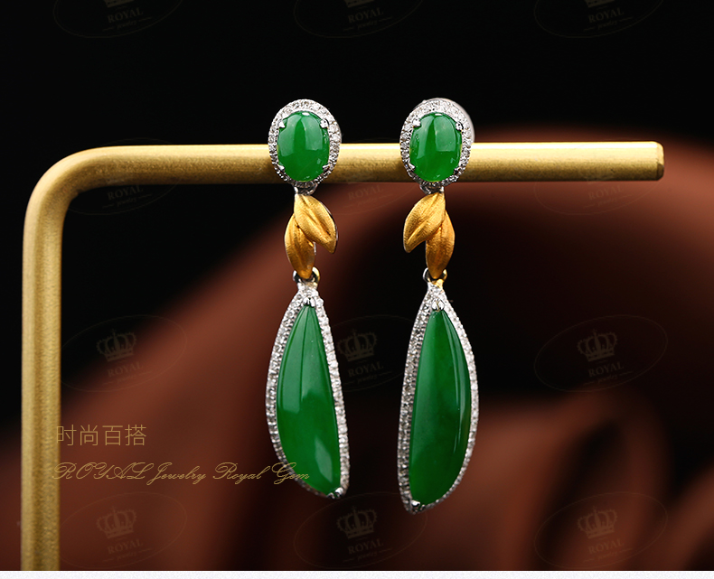 ROYALJEWELRY缅甸天RanA货翡翠二合一翡翠耳环老坑冰种辣绿翡翠种