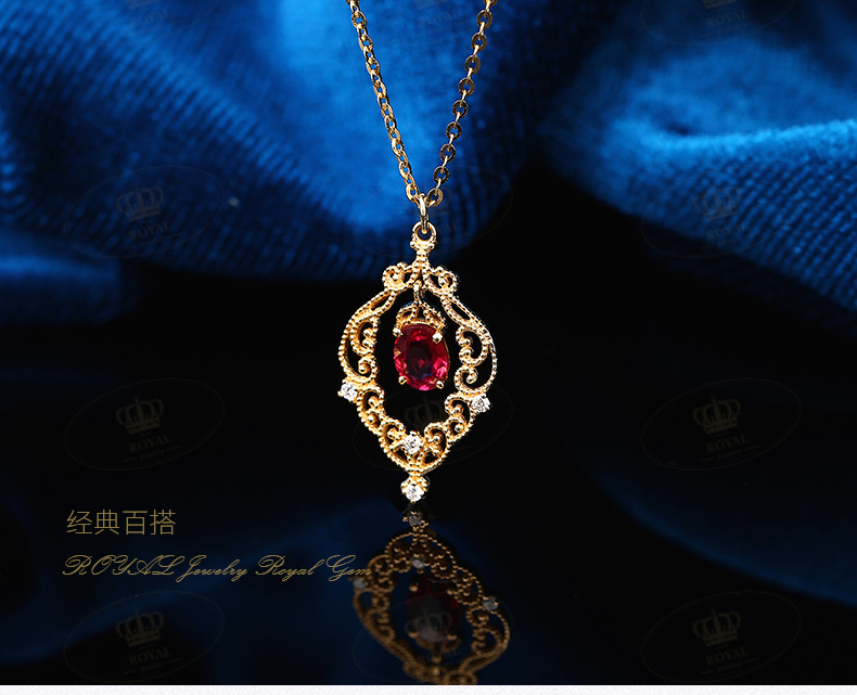 ROYALJEWELRY红宝石项链女锁骨链红宝0.385克拉钻石0.026克拉G18K金小轻奢珠宝