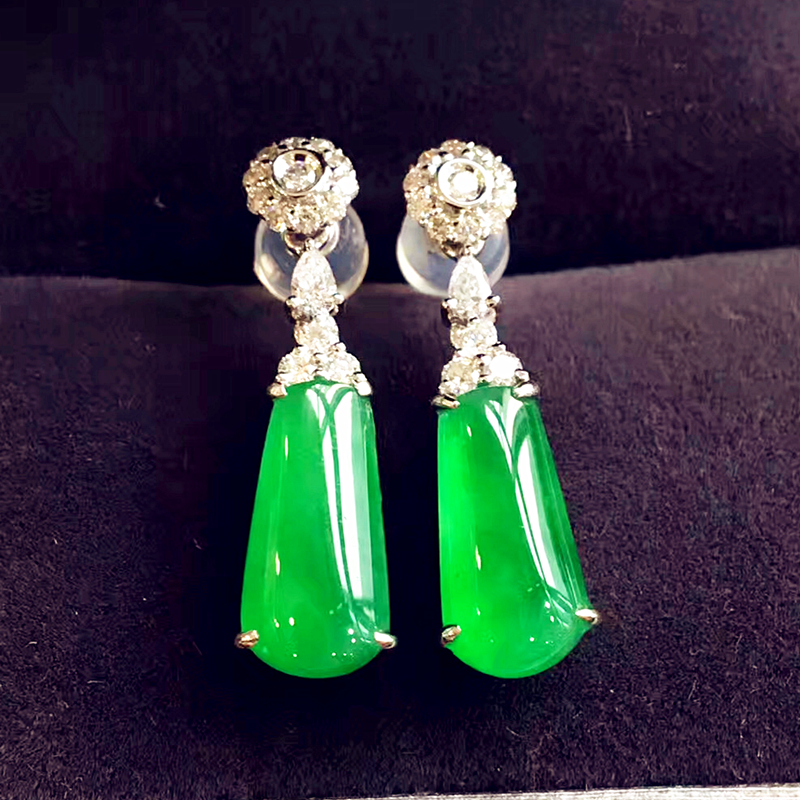 老坑料冰种辣绿素面耳环耳坠女款天然A货18K金镶嵌耳坠可定制