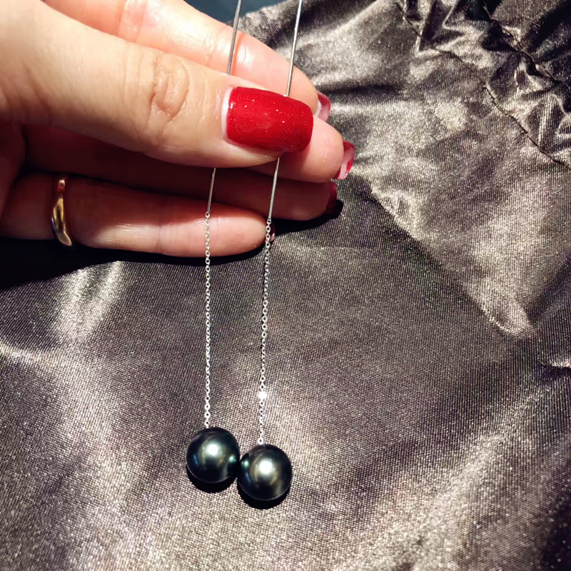 正圆大溪地10mm黑珍珠耳环 18K白金耳钉长款耳线 正品女可定制