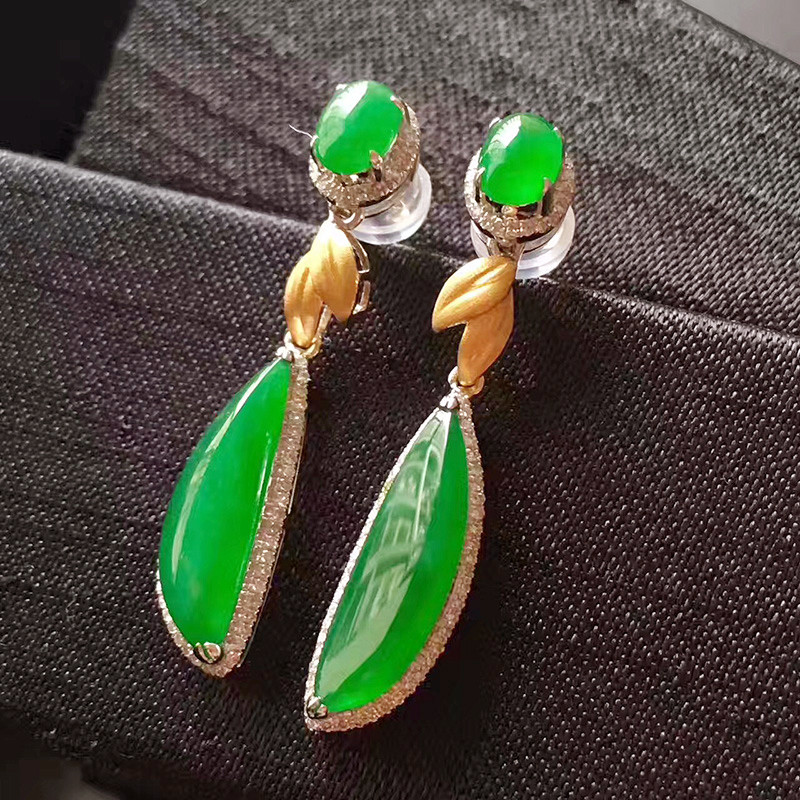 超赞天然翡翠A货8K金镶嵌老坑冰种辣绿翡翠耳坠女款 可定制