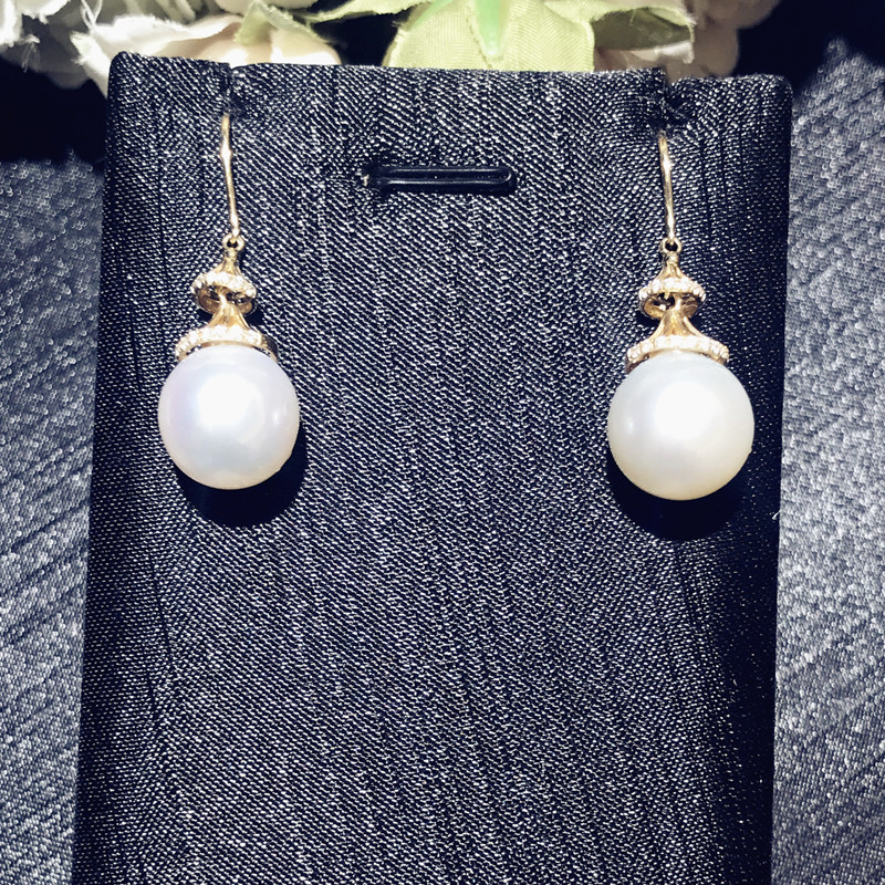 14K黄金镶嵌 南洋白珠裸珠14-15mm耳坠 时尚冷光澳白天然珍珠耳坠