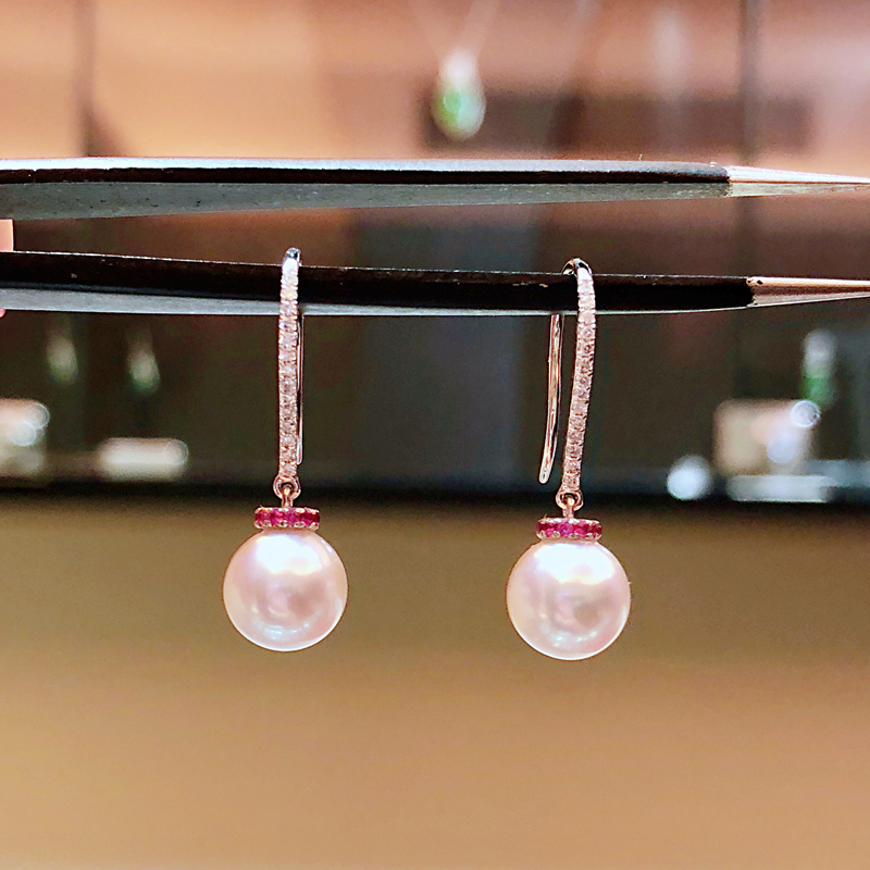 18K金钻石镶嵌Akoya珍珠红宝石搭配耳坠女款原创定制珠宝设计包邮